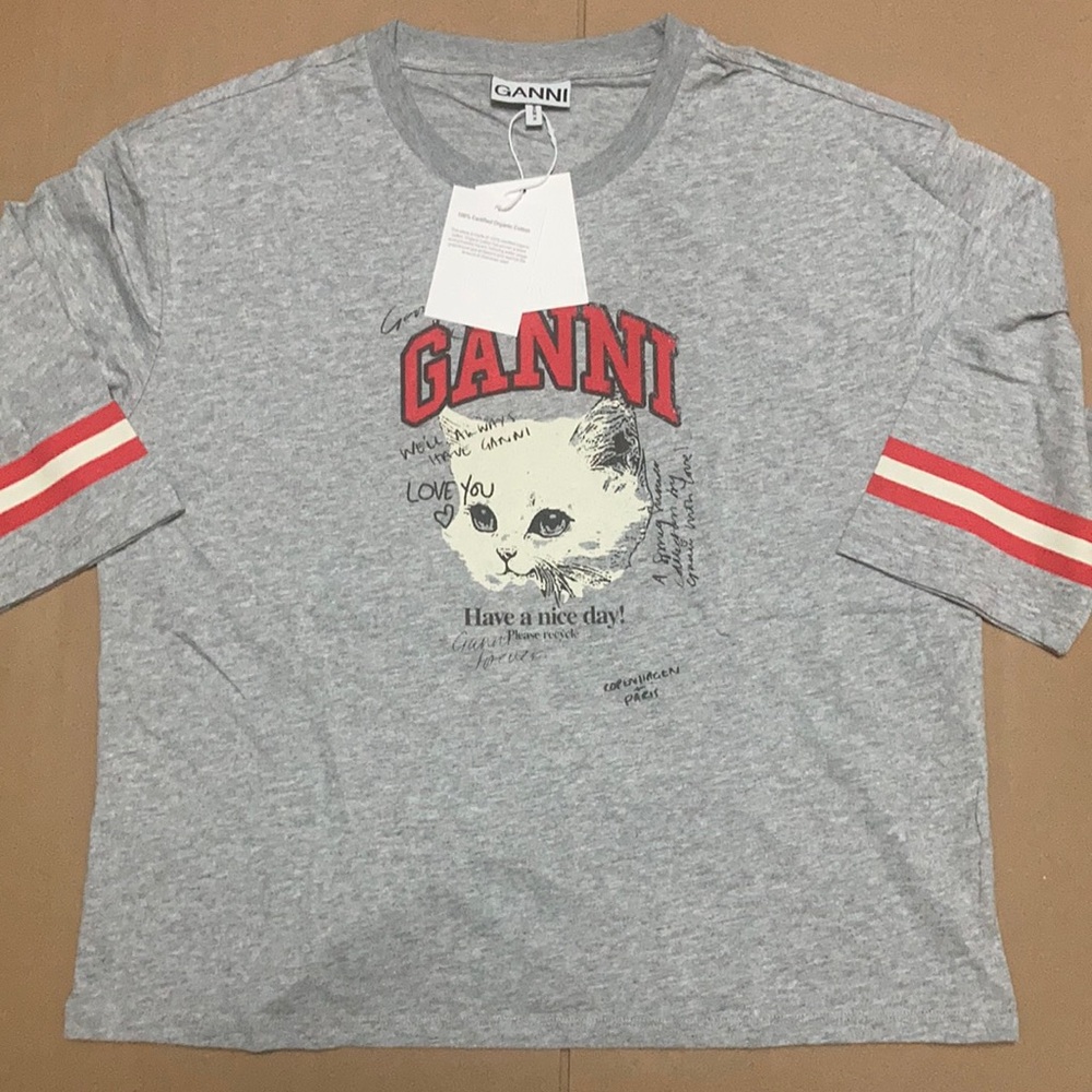 Ganni Heather Grey 3/4 sleeve T-shirt with kitten logo size Large